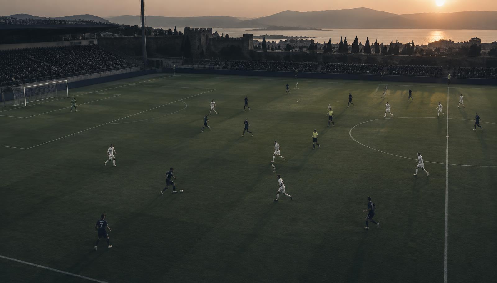 Wide view of a soccer match from an elevated tactical camera angle